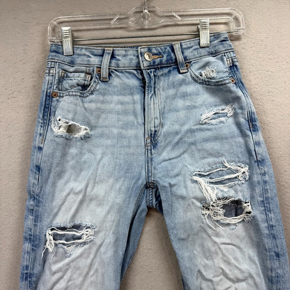 American Eagle Mom Jeans Womens 000 Fits 26x27* Blue Pants Distressed Straight - Picture 2 of 13